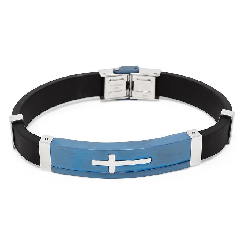 women romantic bangles -Stainless Steel Rubber Bracelet Cross Station Blue