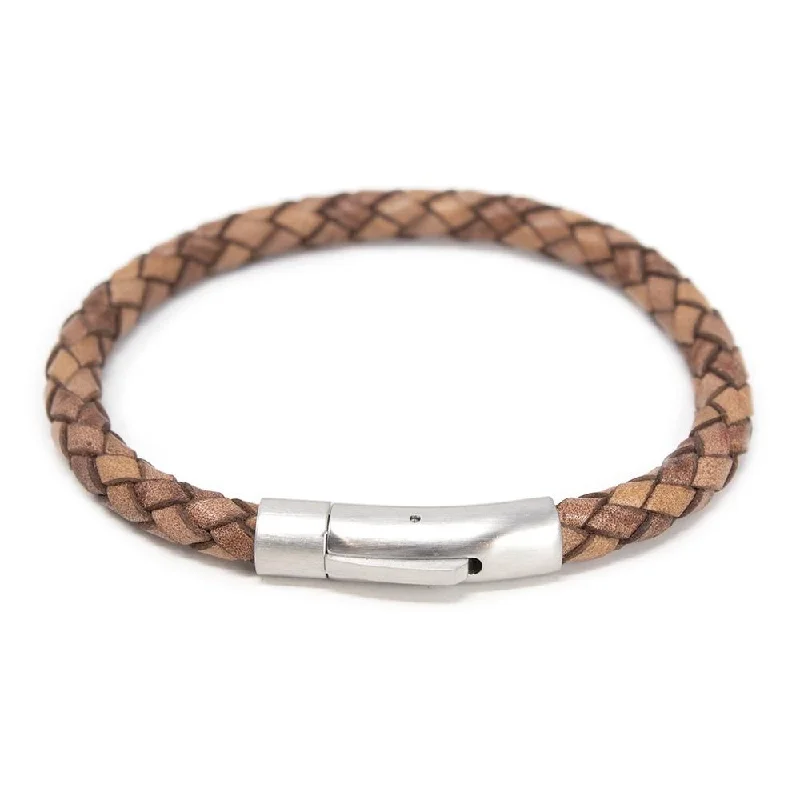 women gold link bracelets -Stainless Steel Braided Leather Bracelet Beige