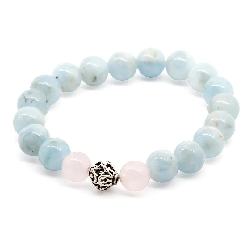 women trendy bracelets -Aquamarine/Rose Quartz Stretch Bracelet with 925 Sterling Silver Bead