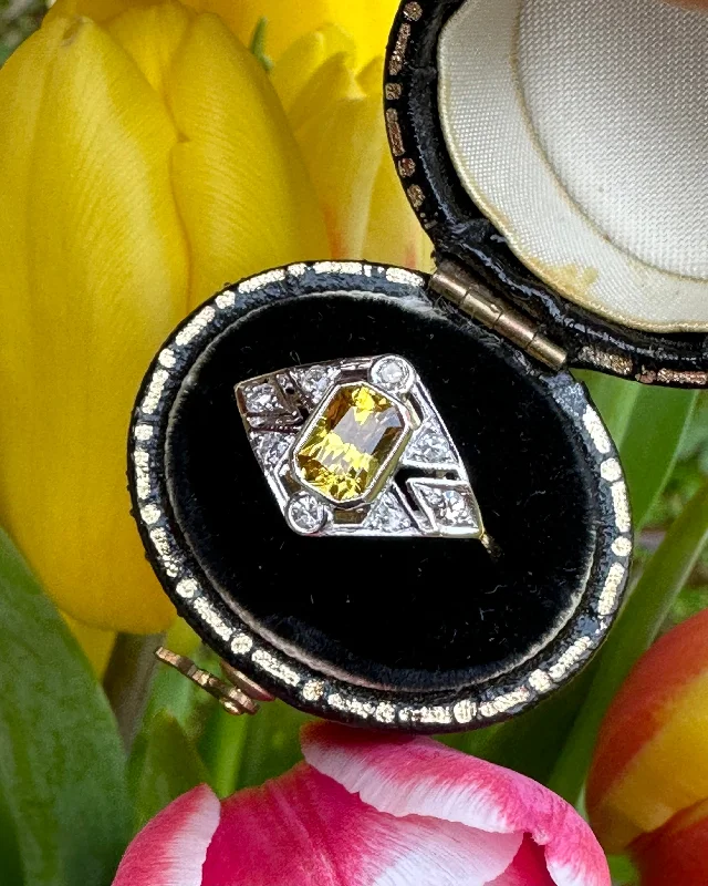 women gemstone rings -Art Deco Yellow Sapphire and Diamond 18ct Yellow Gold Ring 0.20ct + 0.90ct