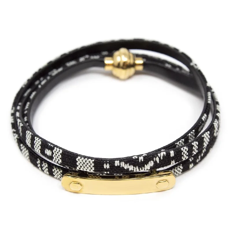 women gold-plated bangles -Stainless Steel Woven Fabric Wrap Bracelet Black White