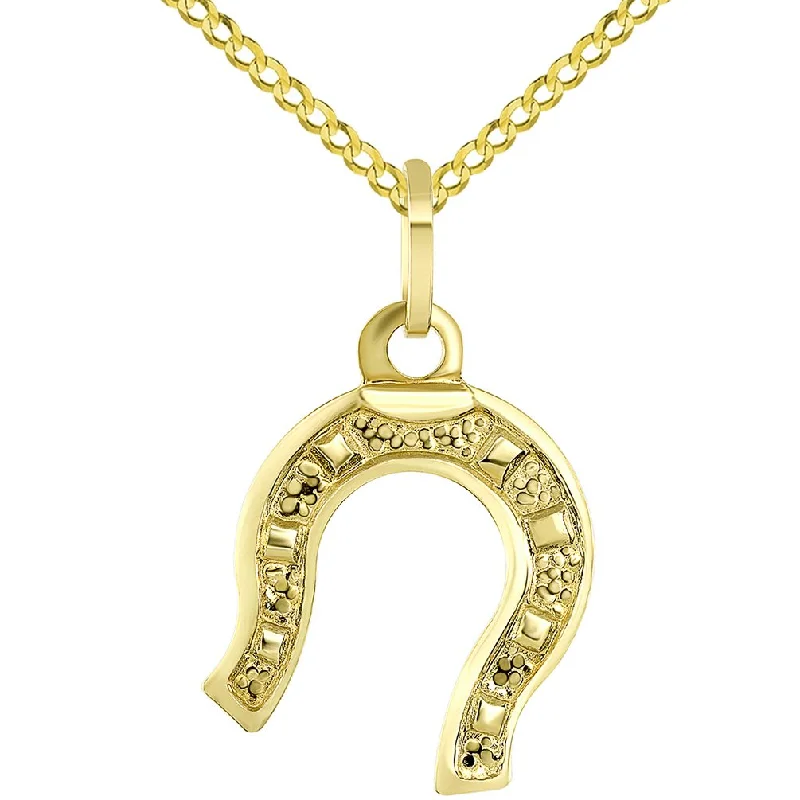 women statement silver necklaces -Solid 14K Yellow Gold Lucky Horseshoe Charm Good Luck Pendant with Cuban Chain Necklace