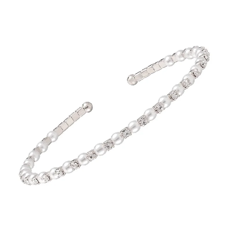 women luxury bangles -Crystal and Pearl Memory Wire Bracelet Silvertone