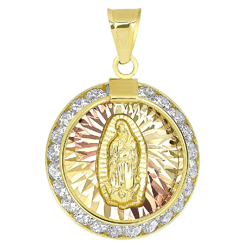 women art nouveau necklaces -14K Yellow Gold Tri-Tone Round Shaped Our Lady Of Guadalupe Elegant CZ Medallion Pendant (Small)