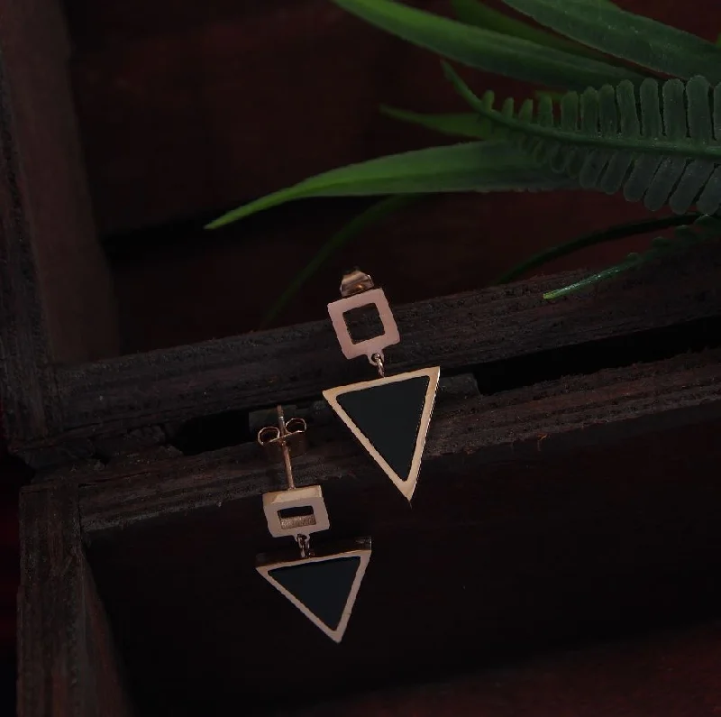 women diamond earrings -Tarohi JewelsStainless Steel Rosegold Plated Inlaid Black Triangle Shaped Drop Earring-STNER 2907