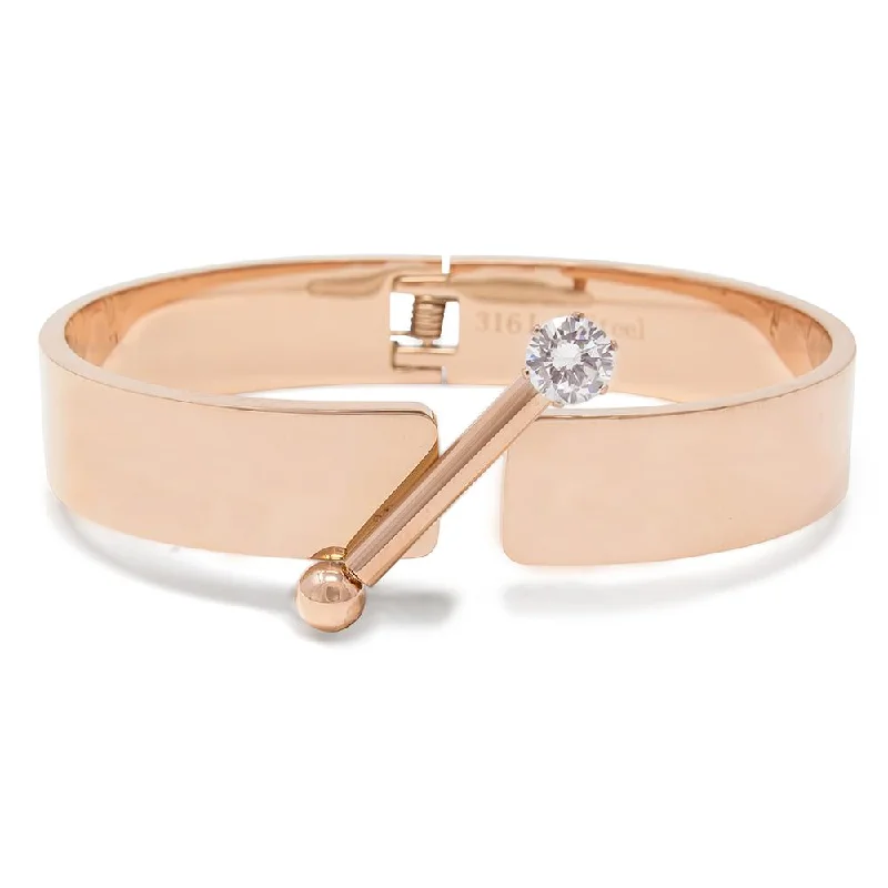 women oval bracelets -Stainless Steel Hinged Bracelet with Crystal Bar Rose Gold Plated