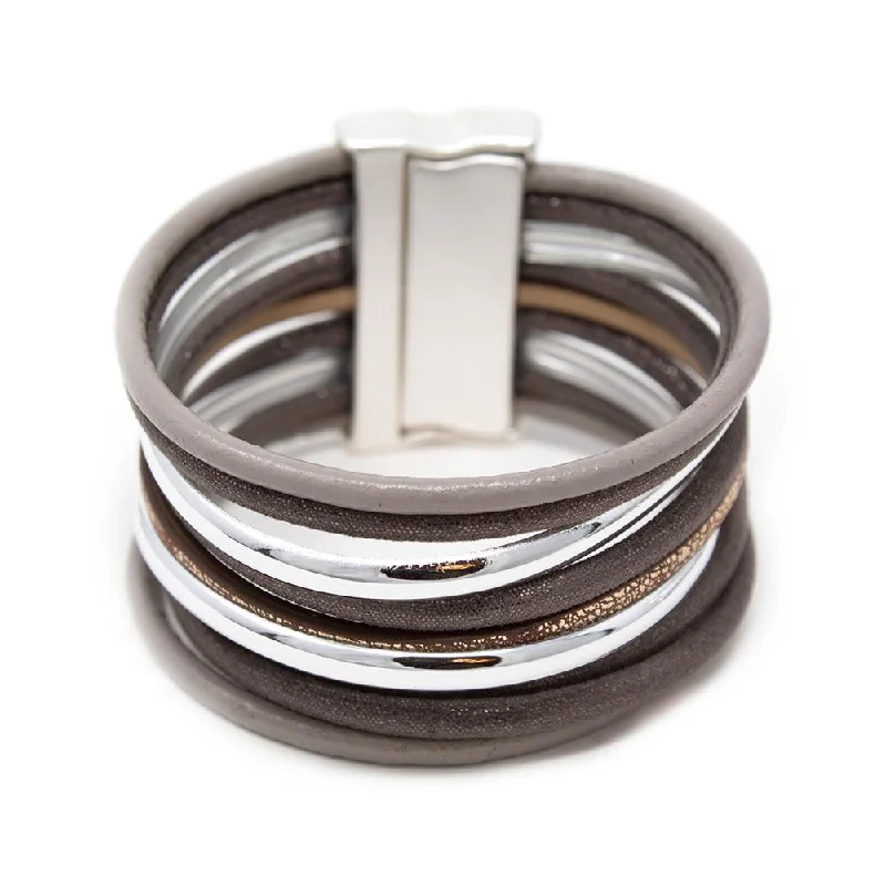 women bracelets -Multi Row Leather Bracelet Taupe Silver