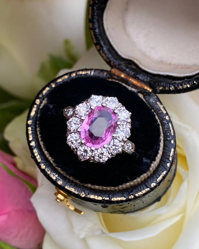 women double band rings -Victorian Style Pink Sapphire and Diamond Cluster Platinum Ring 0.90ct + 1.10ct