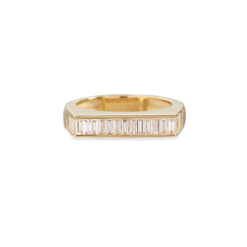 women personalized gemstone rings -BAGUETTE DIAMOND FLAT BAR RING