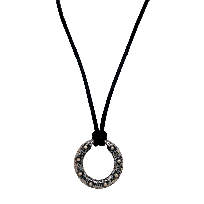 women engraved charm necklaces -Sterling Silver Black Leather Custom Closure - "Orbit"