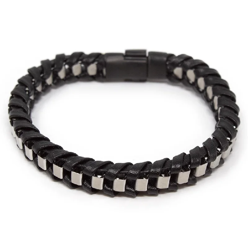 women engraved cuff bracelets -Men's Stainless Steel Braided Leather Bracelet Black