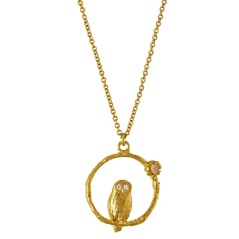 women wedding day necklaces -Moonstone & Diamond Gold Vermeil Necklace - "Peering Owl"