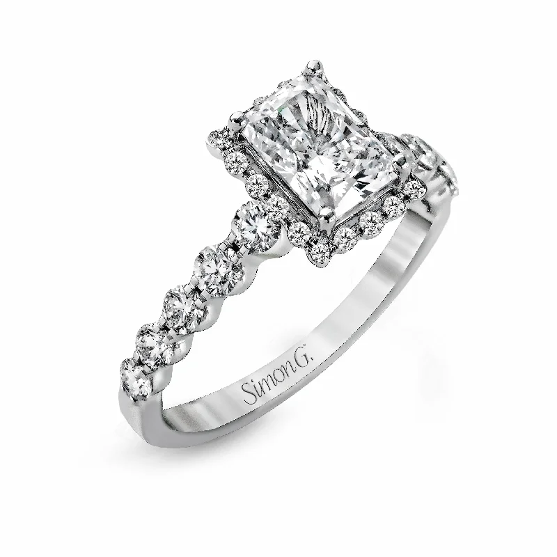 cushion cut engagement rings -Emerald-cut Halo Engagement Ring in 18k Gold with Diamonds