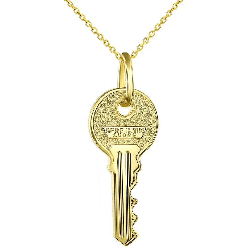 women natural stone necklaces -Solid 14K Yellow Gold Key with Apre il Tuo Cuore Charm Open Your Heart Pendant Necklace