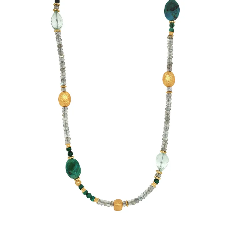 women silver chain necklaces -Labradorite, Prasiolite, Malachite, Chrysocolla Beaded Necklace-"Tinkerbell's Wish"