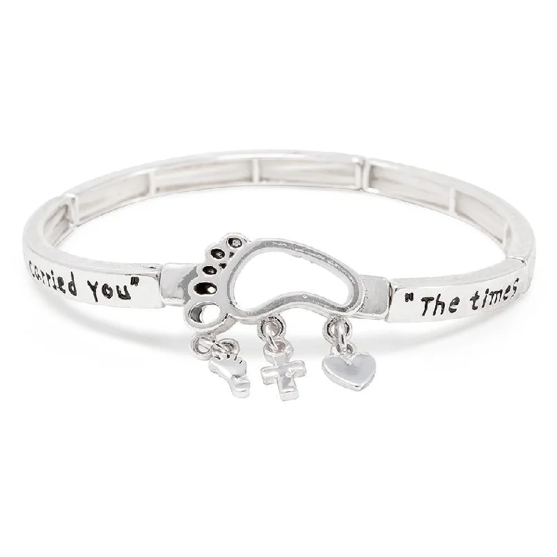 women statement bangles -Inspirational Stretch Bracelet - Footprint Silver Tone