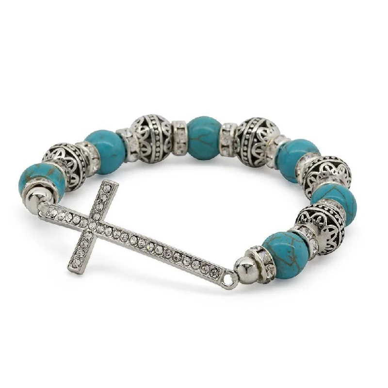 women luxury bangles -Stretch Bracelet Cross - Turquoise Silver