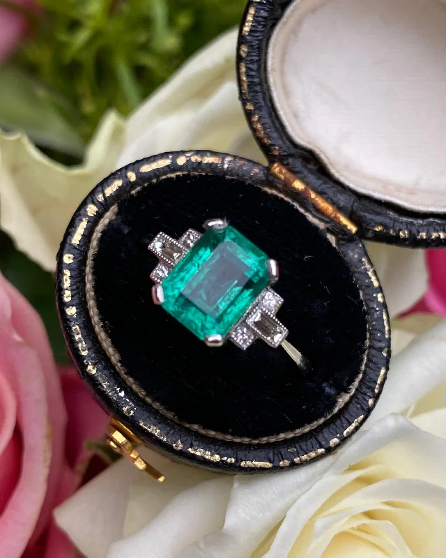 women anniversary rings -Art Deco Emerald and Diamond Platinum Ring 0.20ct + 1.40ct