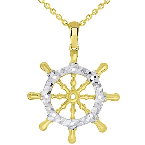 women personalized necklaces -14k Gold Textured Two Tone Ships Wheel Pendant Necklace - Yellow Gold