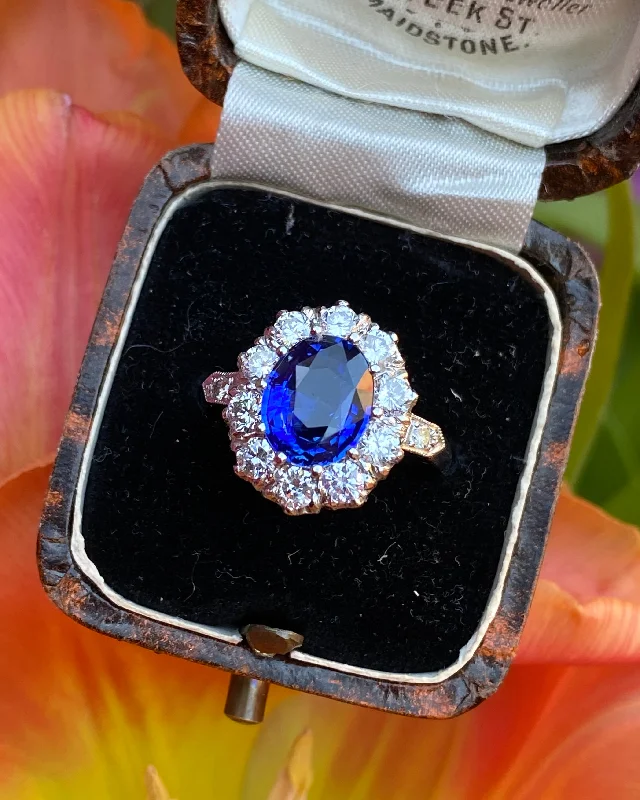 women personalized gemstone rings -Victorian Sapphire and Diamond Cluster Platinum Ring 1.35ct + 2.55ct