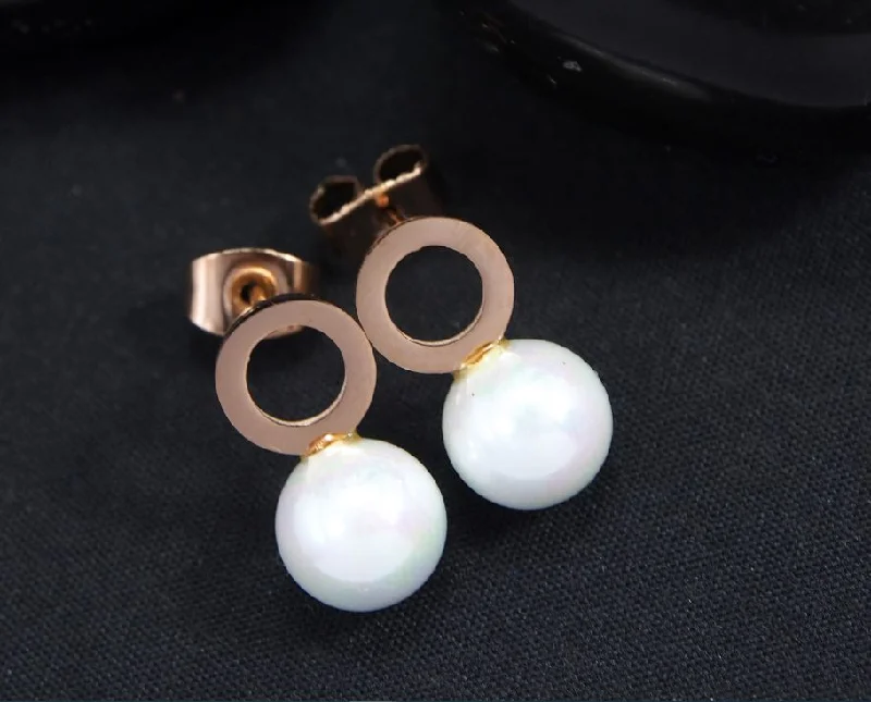 women statement drop earrings -Tarohi JewelsStainless Steel Rosegold Plated Pearl Stud Earring-STNER 2746