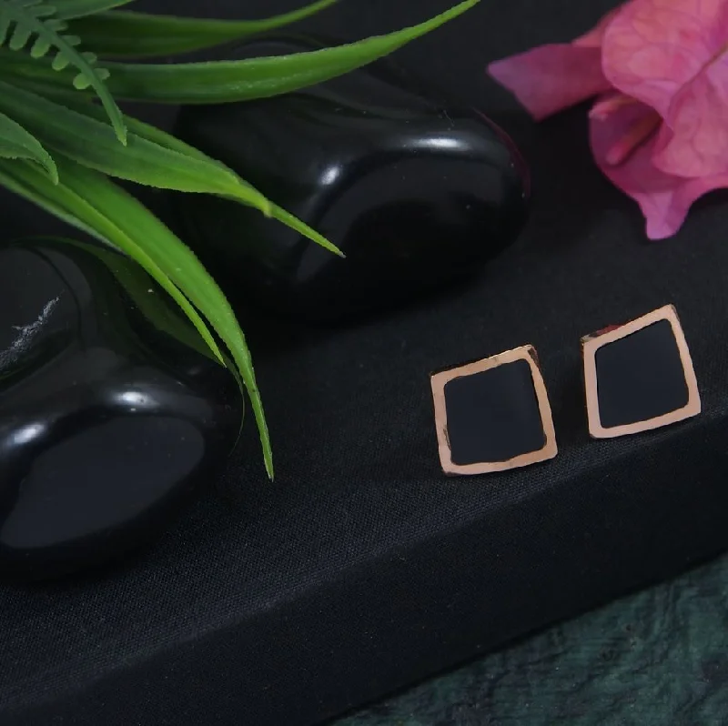 women statement earrings -Tarohi JewelsStainless Steel Rosegold Plated Black Square Shaped Stud Earring-STNER 2860