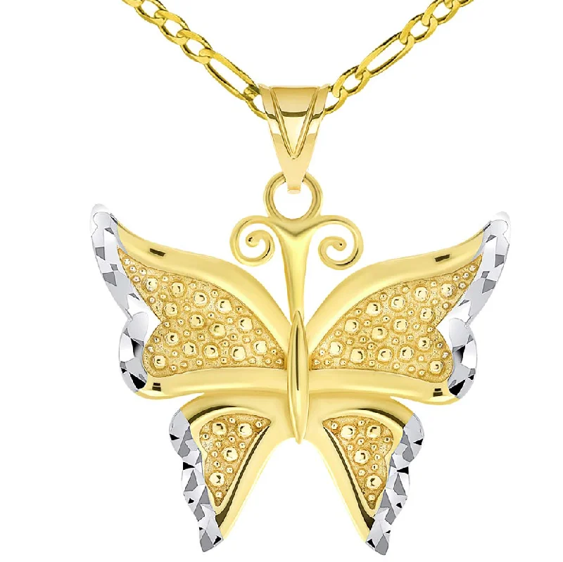 women eco-friendly necklaces -14k Yellow Gold Polished and Textured Two-Tone Butterfly Pendant Figaro Chain Necklace