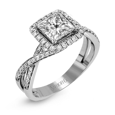 simple engagement rings -Princess-Cut Halo Criss-Cross Engagement Ring In 18k With Diamonds