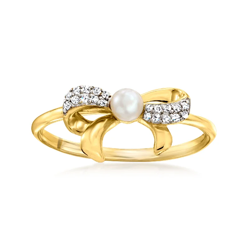 stackable wedding and engagement rings -RS Pure by Ross-Simons 3-3.5mm Cultured Pearl Bow Ring With Diamond Accents in 14kt Yellow Gold