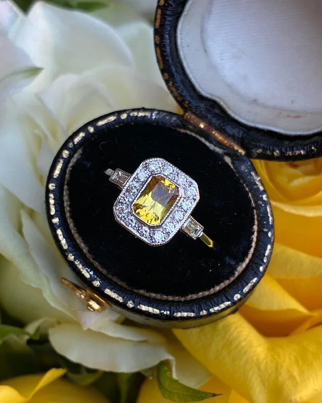 women men’s wedding rings -Art Deco Yellow Sapphire & Diamond Cluster Ring Platinum 0.25ct + 0.75ct