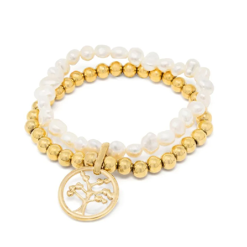 women antique bracelets -Stainless Steel Pearl Stretch Bracelet with Tree of Life Charm Gold Plated