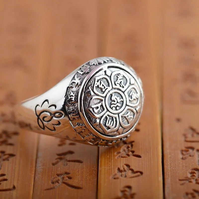 women diamond rings -Sterling Silver 6 Syllable Mantra Lotus Signet Ring