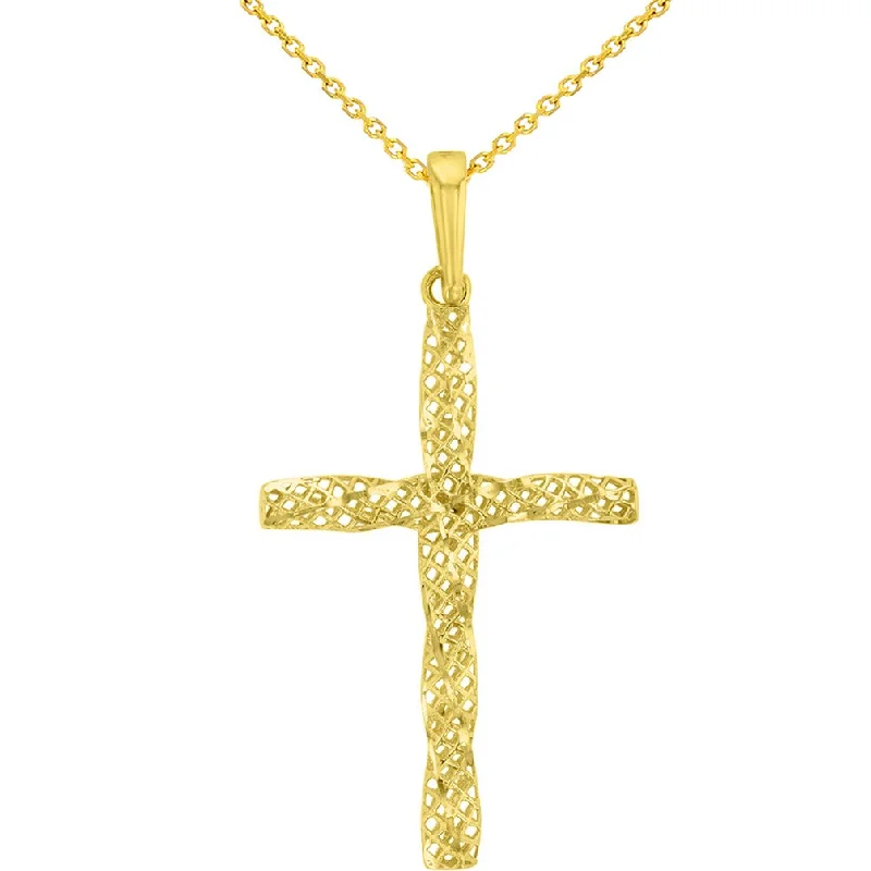 women wedding necklaces -14K Yellow Gold Textured Spiral Tube Cross Pendant Necklace