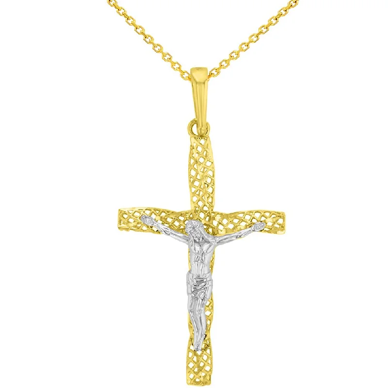 women gemstone necklaces -14K Two-Tone Gold Textured Spiral Tube Cross Crucifix Pendant Necklace