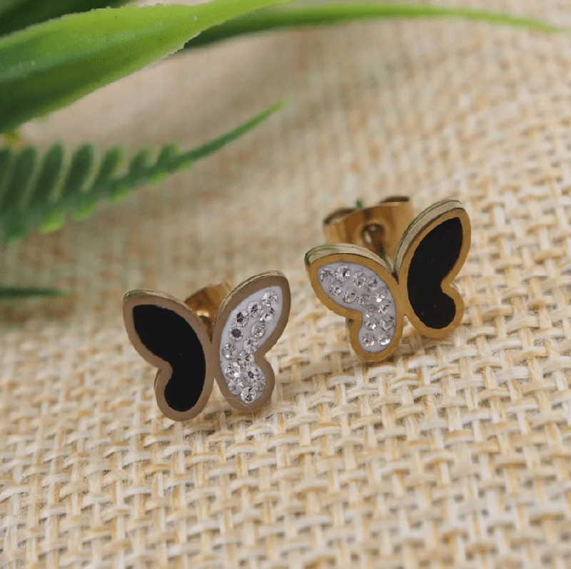 women fancy earrings -Tarohi JewelsStainless Steel Rosegold Plated Red/Black Coloured Butterfly Shaped Stud Earring- STNER 3894