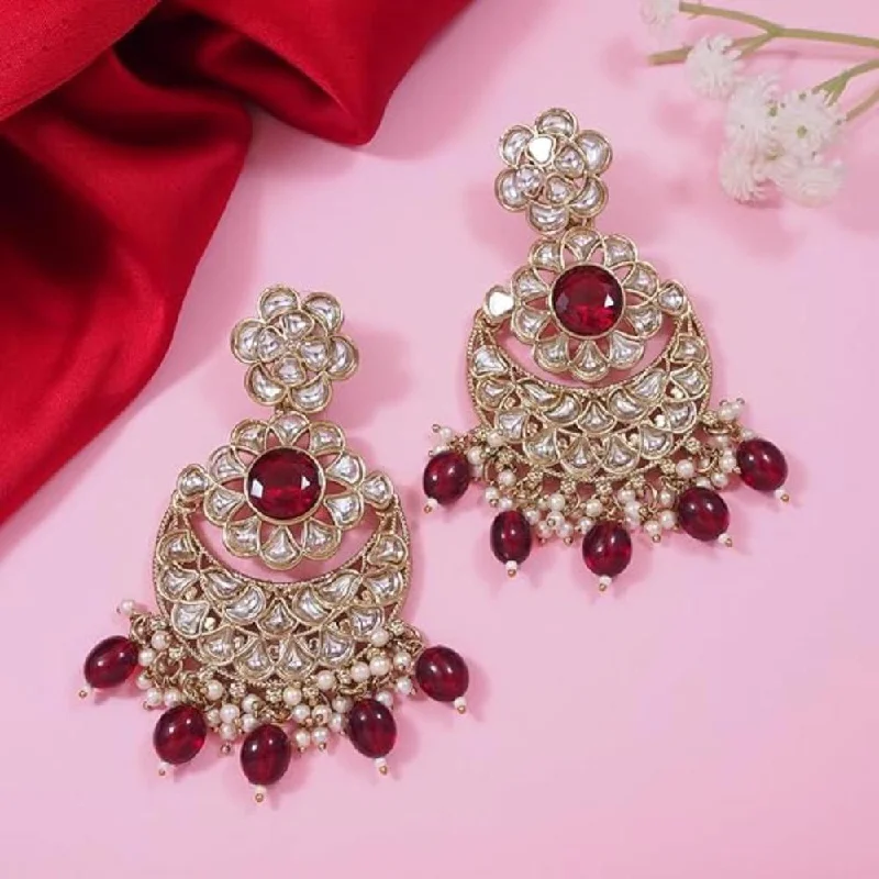 women silver dangle hoop earrings -Etnico Gold Plated Traditional Handcrafted Kundan Pearl Floral Design Earrings For Women (Maroon)