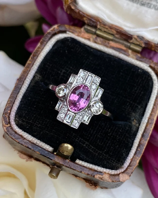 women ruby rings -Art Deco Pink Sapphire & Diamond Platinum Ring 0.55ct + 0.90ct