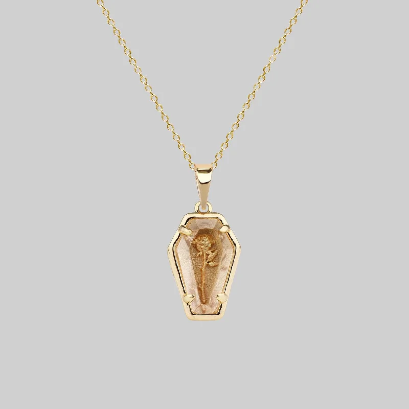 women initial necklaces -REBIRTH. Rose Under Glass Coffin Necklace - Gold