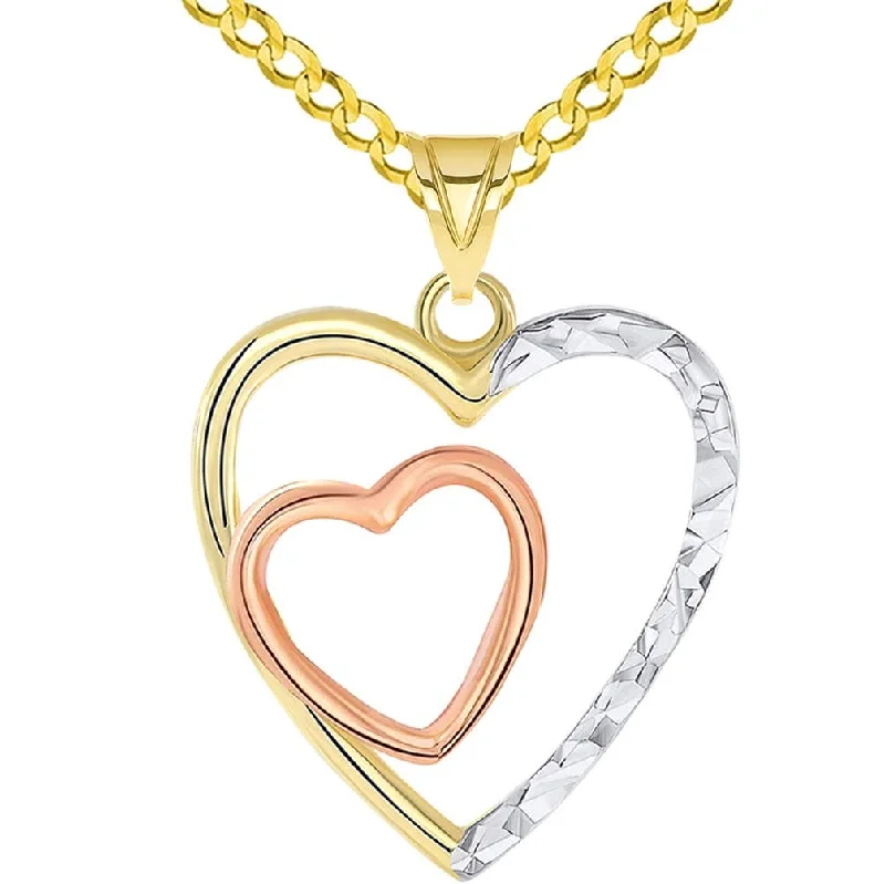 women minimalist necklaces -14k Yellow and Rose Gold Textured Tri-Tone Double Open Heart Pendant with Curb Chain Necklace