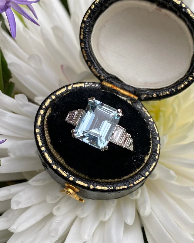 women gold-plated rings -Art Deco Aquamarine and Diamond Platinum Ring 0.45ct + 3.10ct