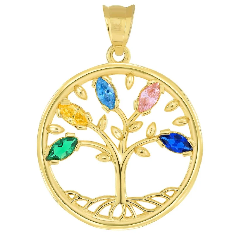 women lucky charm necklaces -14k Gold Cubic Zirconia Round Elegant Tree of Life Medallion Pendant - Yellow Gold