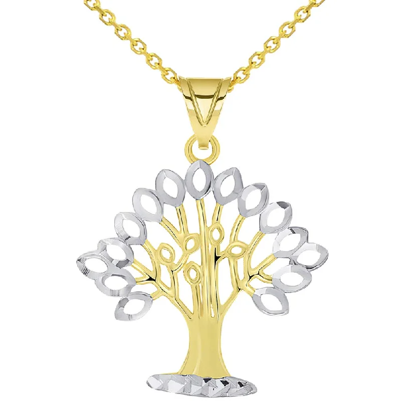 women statement necklaces -14k Yellow Gold Solid and Textured Tree of Life Two-Tone Pendant Necklace with Cable, Curb, or Figaro Chain