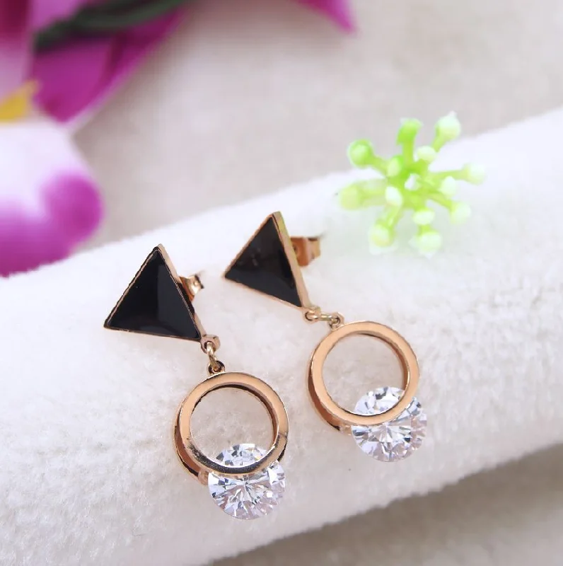 women gemstone stud earrings -Tarohi JewelsStainless Steel Rosegold Plated Round Cubic Zicron Drop Earring- STNER 4039