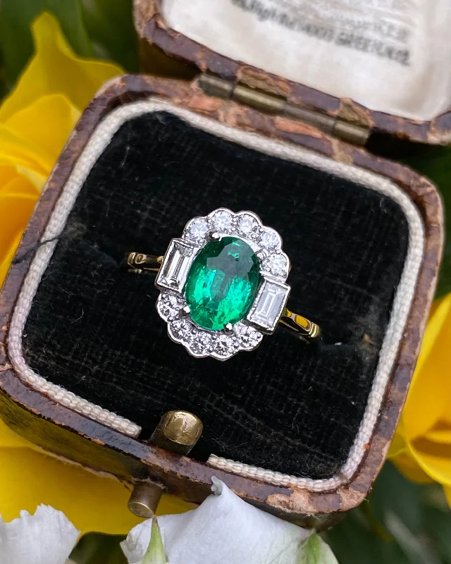 women solitaire rings -Art Deco Emerald and Diamond Cluster Ring 18ct Yellow Gold 0.50ct + 1.10ct