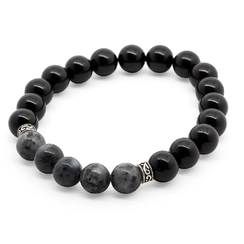 women leather bangles -Onyx/Larvikite Men's Bracelet with Two 925 Sterling Silver Bead