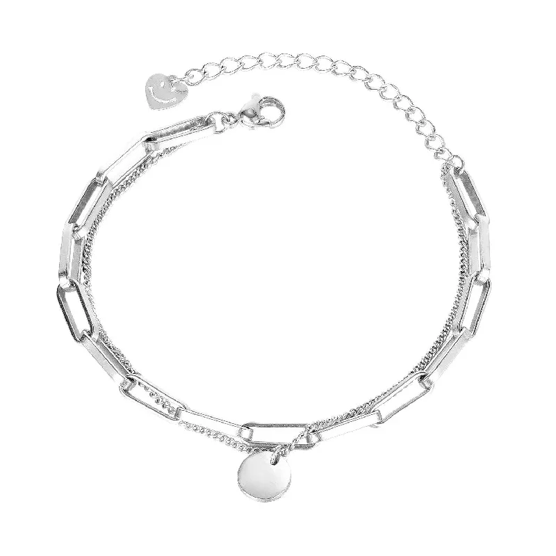 women silver cuff bracelets -Stainless Steel Link Chain Bracelet With Happy Face Charm