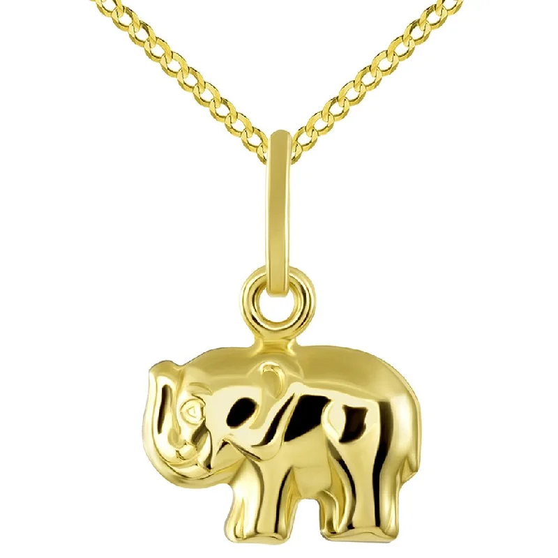 women custom engraved necklaces -14K Yellow Gold Mini Elephant Charm Feng Shui Symbol Pendant with Cuban Chain Necklace