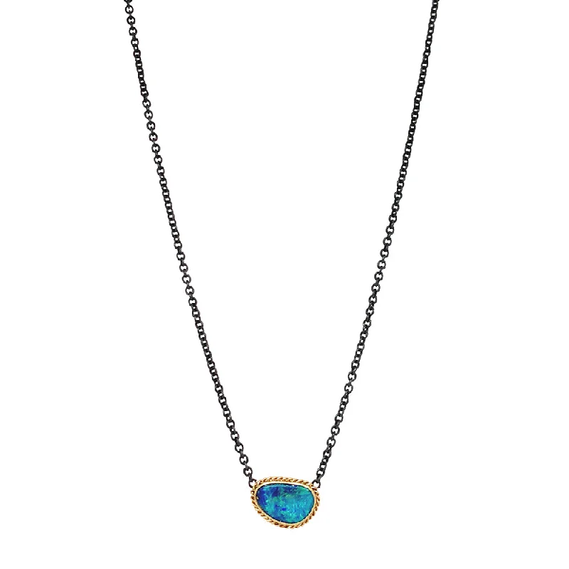 women long necklaces -Sterling Silver & Yellow Gold Australian Opal Doublet Necklace - "Bioluminescent"