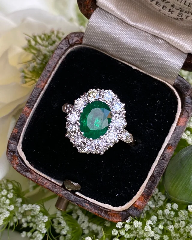 women custom engraved rings -Victorian Emerald and Diamond Cluster Ring 18ct Yellow Gold 1.35ct + 1.80ct