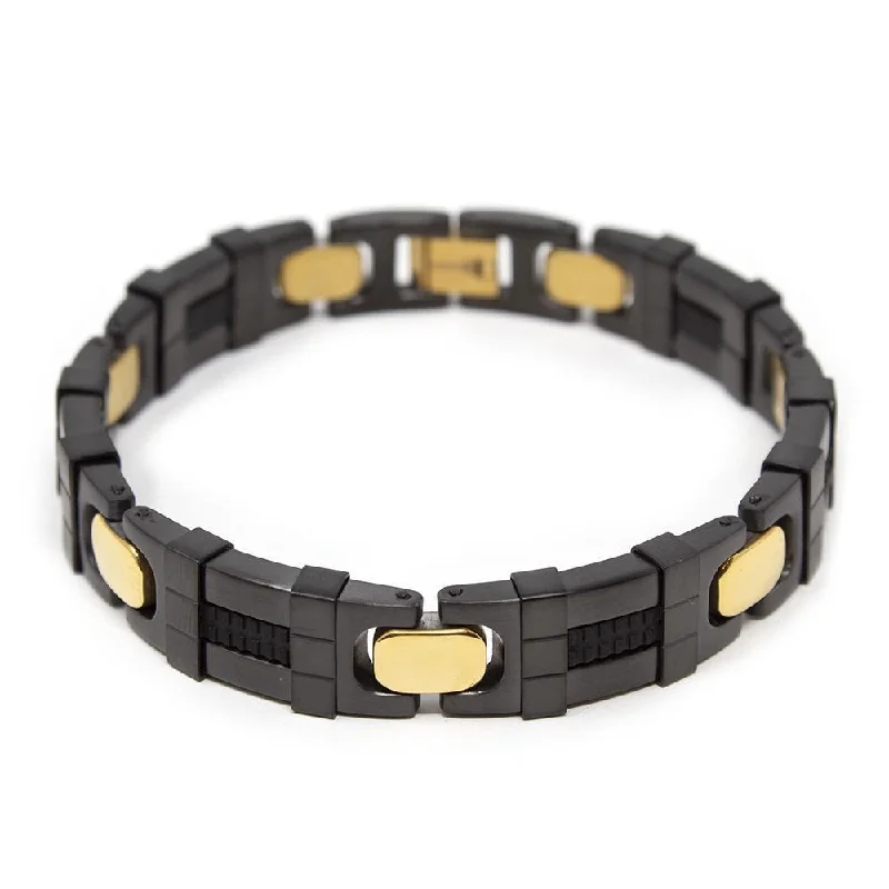 women statement bracelets -Stainless Steel Black and Gold Tone Link Bracelet